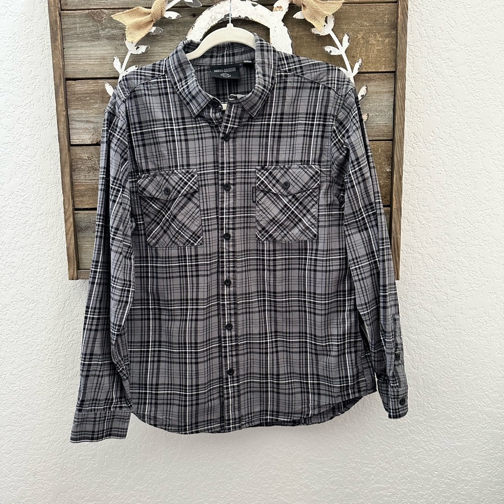 Harley-Davidson gray plaid 100% cotton button down‎ shirt men’s Large
